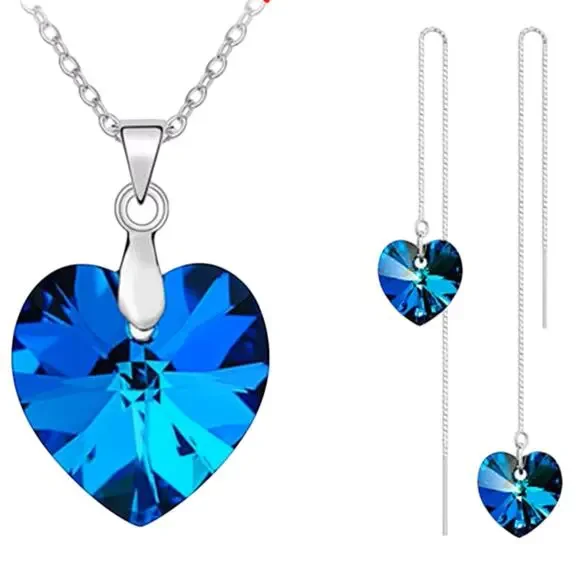 925 Sterling Silver Blue Crystal Heart Necklace & Earring Set Elegant Wedding - Picture 5 of 5